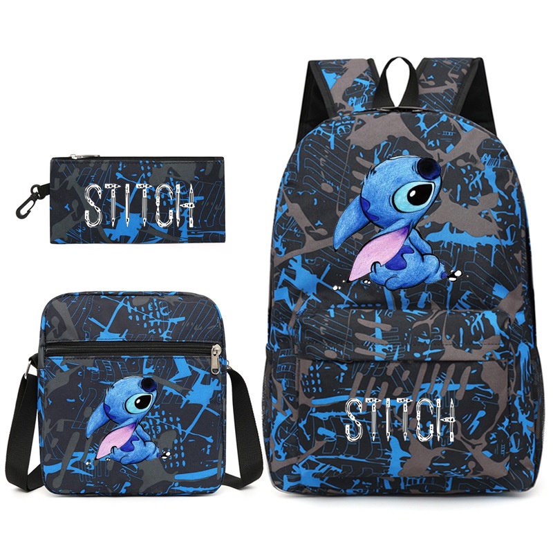 Bộ 3 Món Ba Lô Túi Đeo Vai + Hộp Đựng Bút Màu Đen Hình Stitch Ngôi Sao Kho Báu