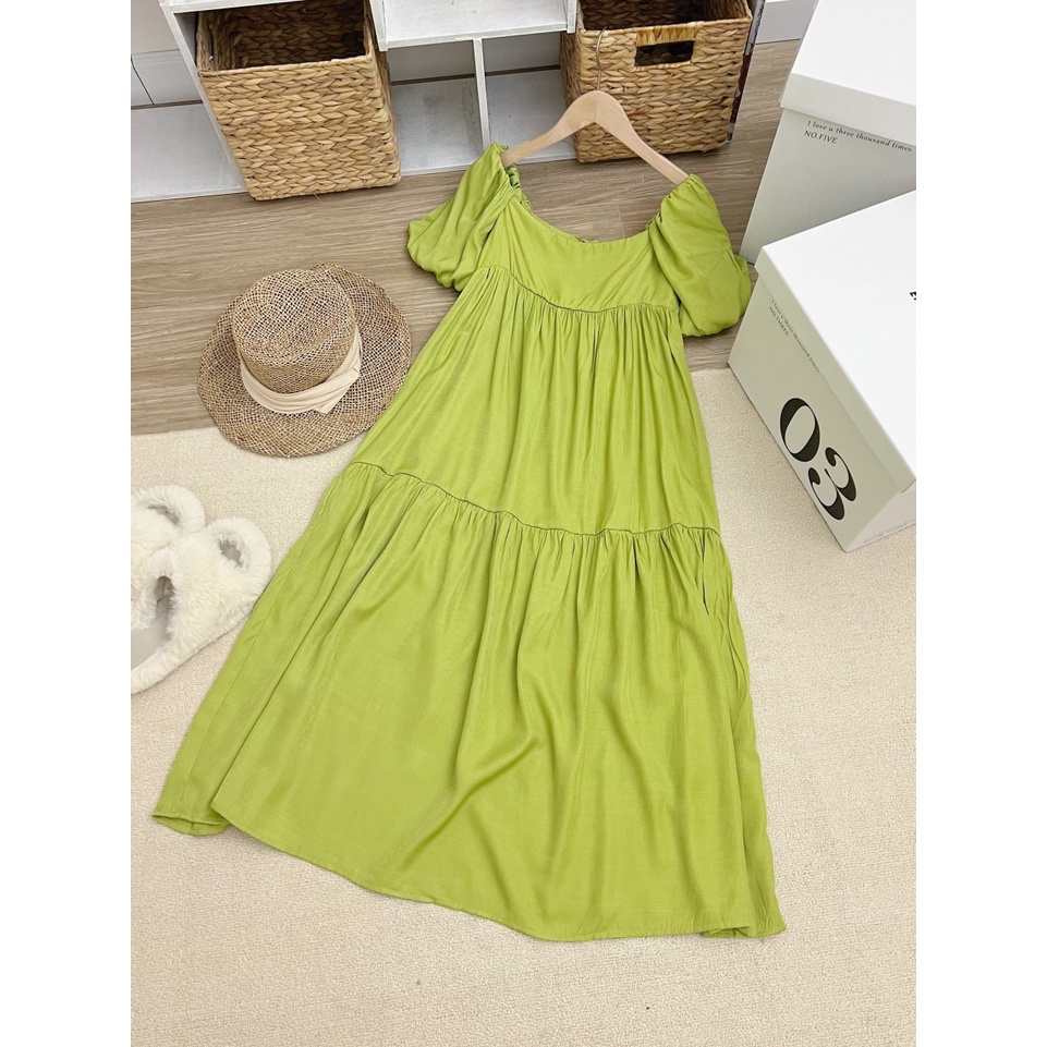 Váy Bầu tay bồng✨đuôi cá dáng dài✨ảnh thật cận chất shop tự chụp✨mặc được 2 kiểu✨chất đũi hàn siêu mát phù hợp mùa hè