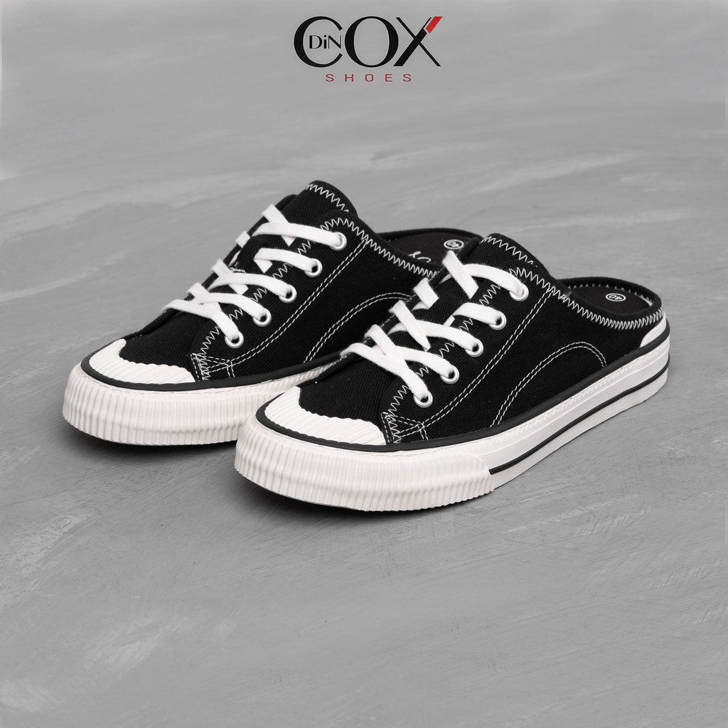 Giày Cặp Đôi Couple Nam Nữ Hở Gót Mules Canvas Đen Đế Sọc Trắng DINCOX E10 BLACK Giày Sục Đạp Gót