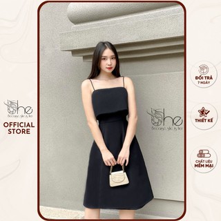 Đầm 2 dây basic đen She,váy 2 dây xẻ tà dáng A đi chơi dạo phố SDX172