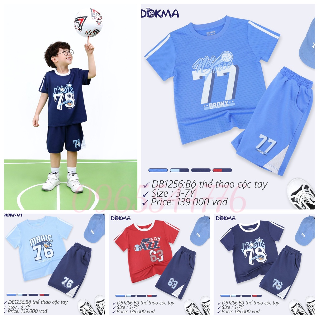 Bộ cổ tròn cộc tay 3-7 tuổi cho bé trai, cotton Mỹ DOKMA Voi.kids DB766 TR DB1256