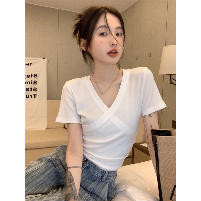 [3 Màu Sắc] Áo Thun Thiết Kế Cổ Chữ V Chéo Tay Ngắn