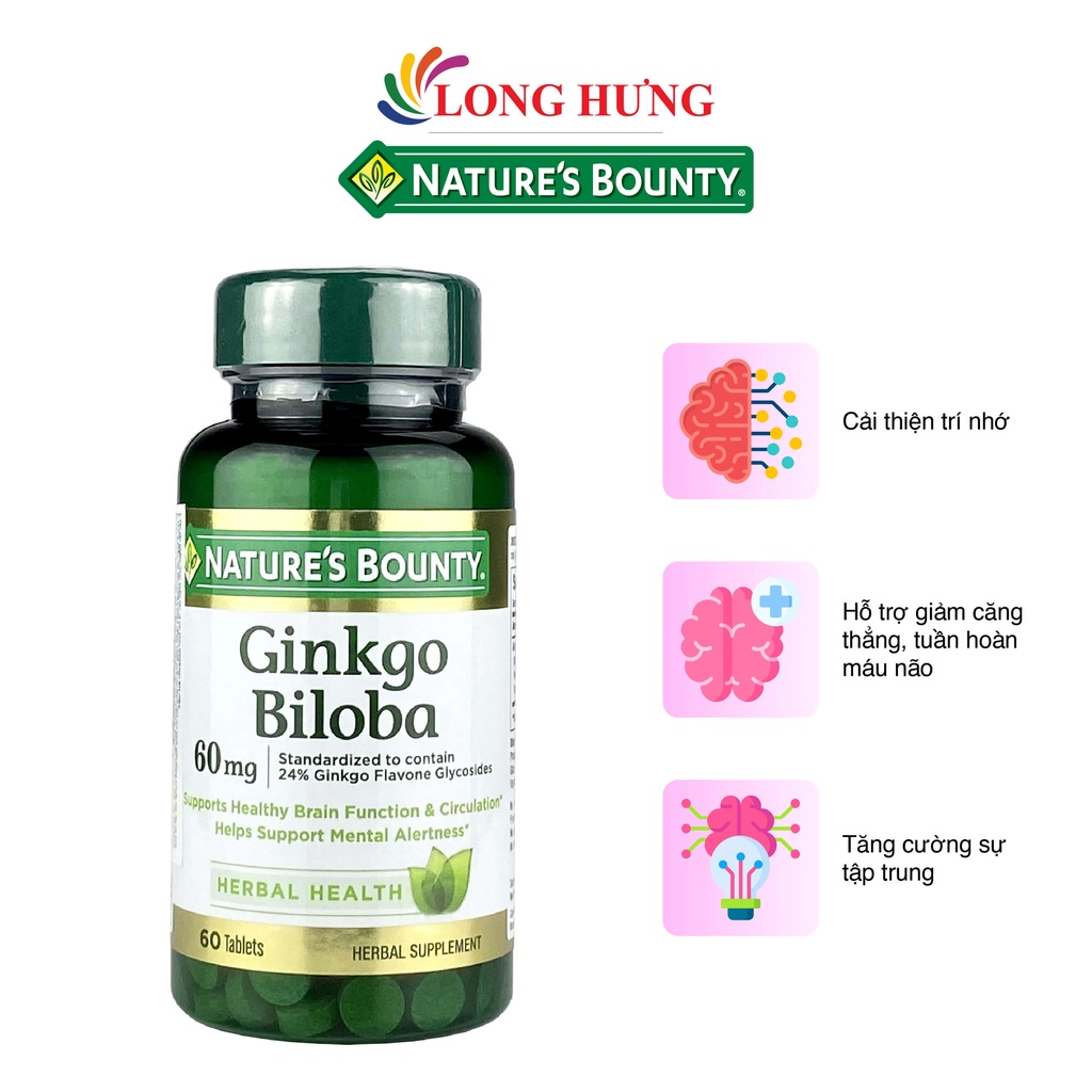 Viên uống Nature's Bounty Ginkgo Biloba 60mg bổ não hỗ trợ cải thiện trí nhớ (60 viên)