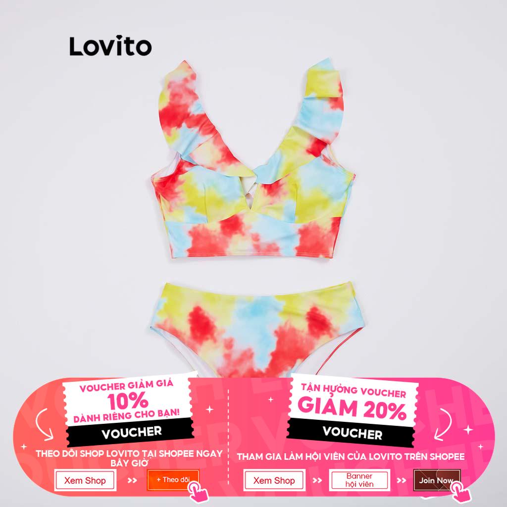 Set Bikini LOVITO dây thắt viền xếp ly họa tiết nhuộm màu loang phong cách boho các miếng đệm có thể tháo rời L18X383 (Màu vàng)
