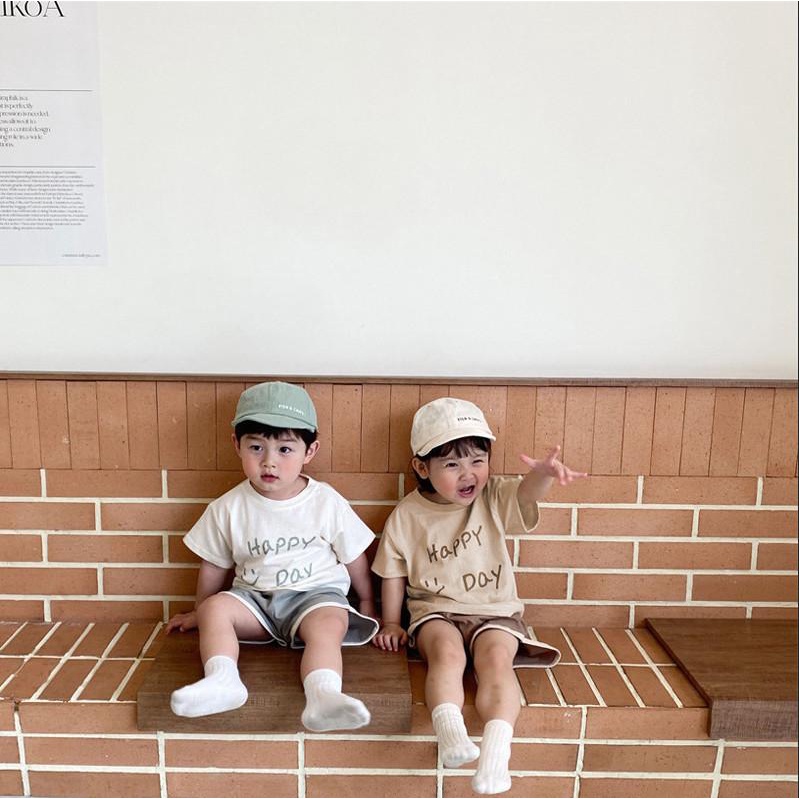 Bộ cộc tay Happy Day 2 màu cho bé trai bé gái, đồ bộ Hokiha Kids dễ thương chất cotton từ 8-15kg TE160