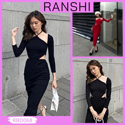 Đầm Body Dài Tay RANSHI Cao Cấp Váy Body Cổ Yếm Dáng Dài Khoét Eo Hở Vai Sang Chảnh Cho Nữ Mặc Tết Dự Tiệc - RBD068