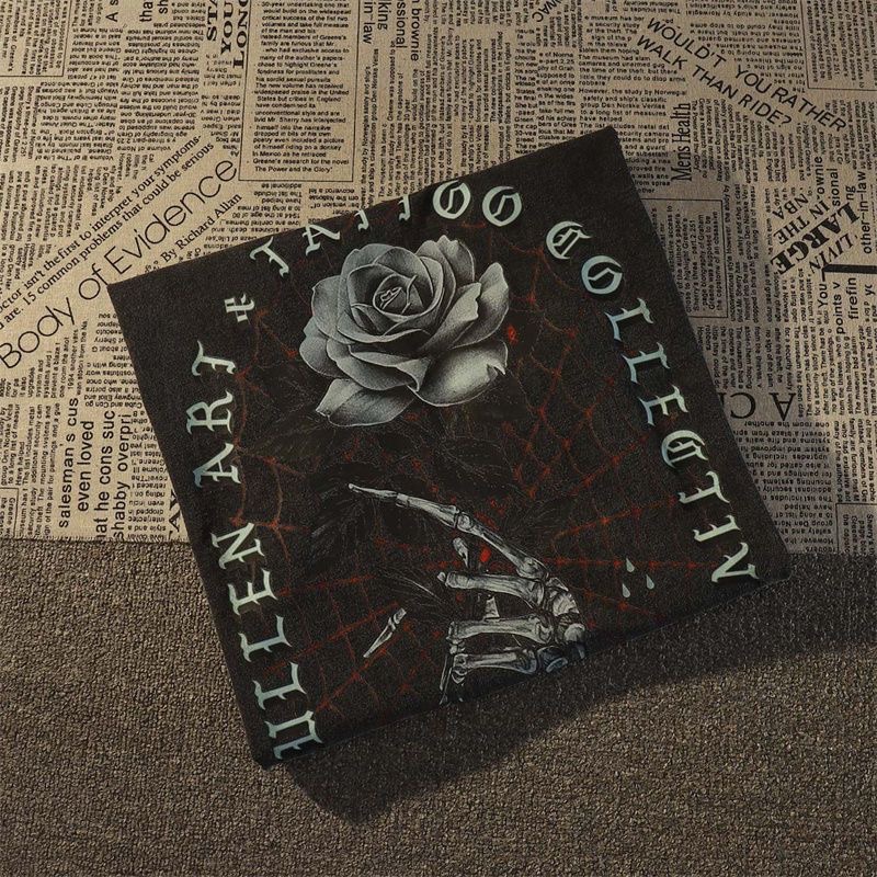 Áo thun MMIOT y2k tay lửng dáng rộng in họa tiết bàn tay xương và hoa hồng phong cách Mỹ cổ điển thời trang mùa hè 2023