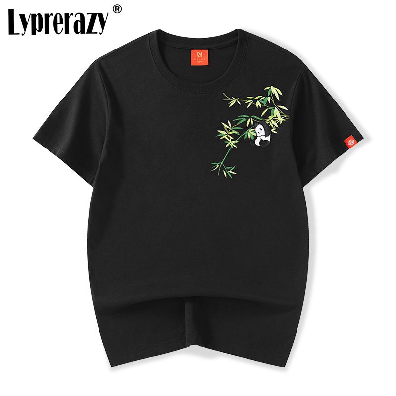 Áo Thun Cotton Ngắn Tay Dáng Rộng Thêu Hình Gấu Trúc Thời Trang Mùa Hè Cho Nam