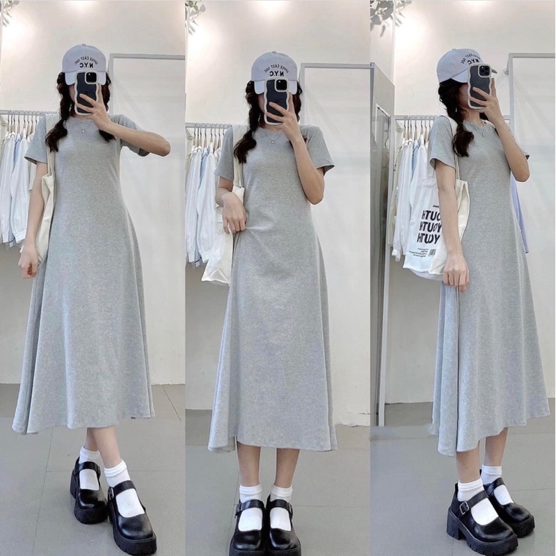 Váy thun dáng xoè basic phong cách hàn quốc , váy coton dáng dài cộc tay chất đẹp YANSOO