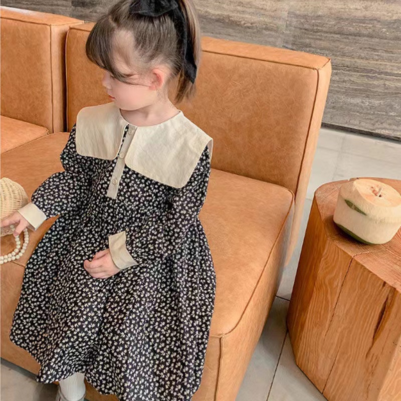 Đầm Công Chúa Tay Dài Cổ Bẻ In Họa Tiết Hoa Thời Trang Xuân Thu Phong Cách Hàn Quốc Cho Bé Gái 1-6 Tuổi