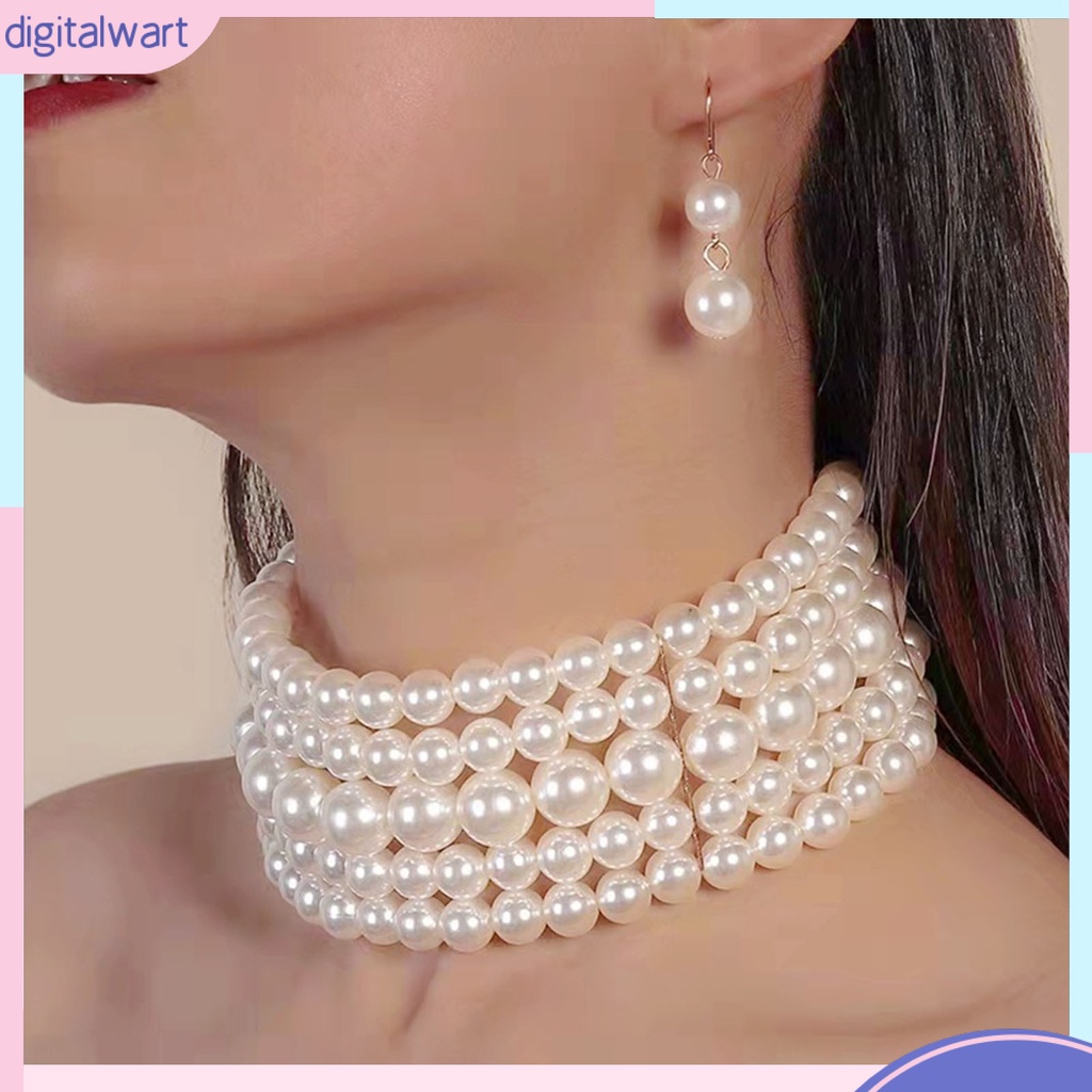 [DIWA] Bộ Vòng cổ + Bông Tai Ngắn Nhiều Lớp Đính Hạt Ngọc Trai Giả Thời Trang Dành Cho Cô Dâu