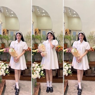 Đầm babydoll tay bồng cúc ngọc xốp nổi màu ĐEN&TRẮNG 2 lớp