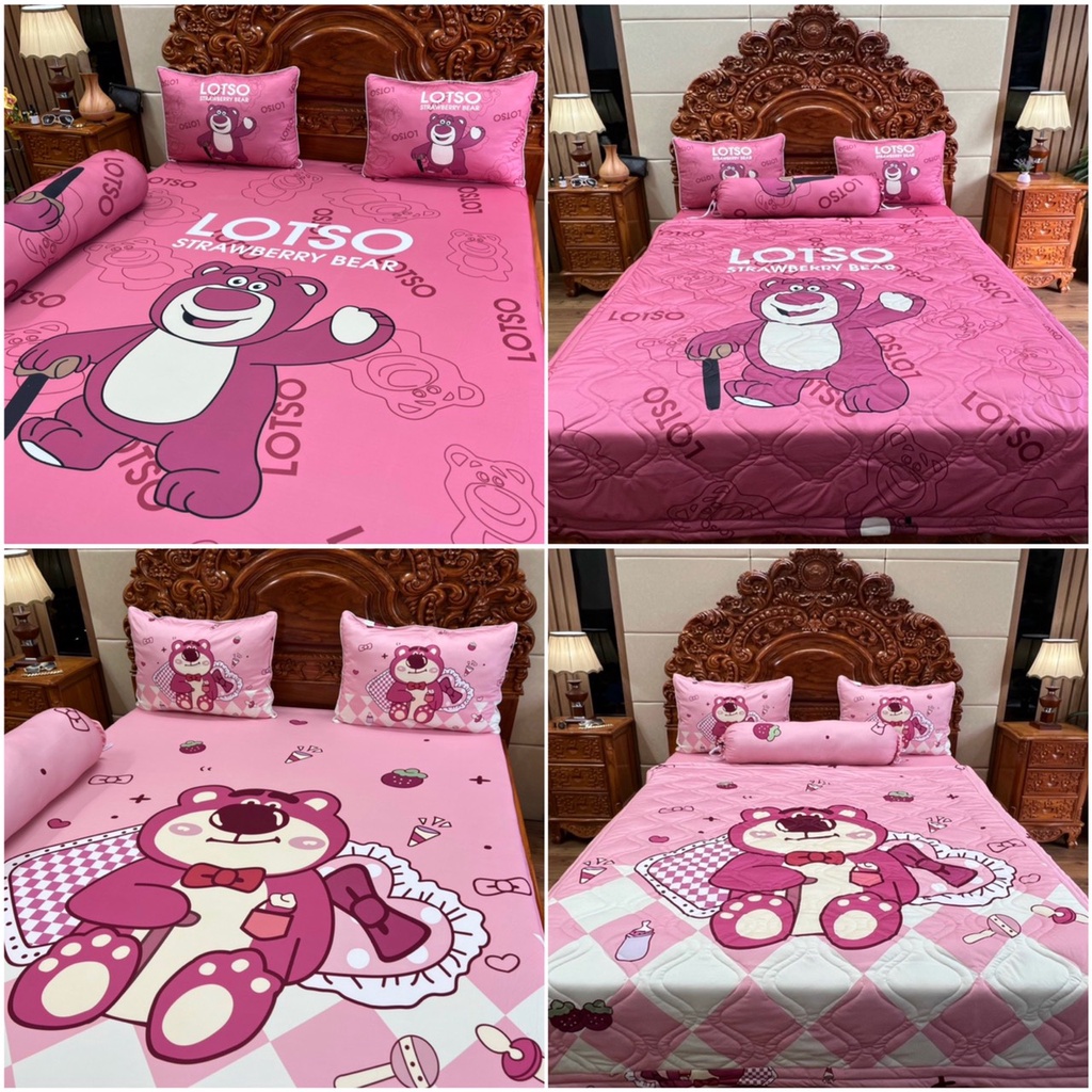 BỘ GA GỐI THUN LẠNH 5D-THUN Ý LẠNH MẪU GẤU LOTSO, GẤU DÂU HỒNG NHẠT SIÊU HÓT