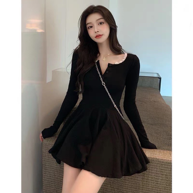 Váy Len Tăm Bo Zip Dáng Xoè Dài Tay Xinh Như Hotgirl, Dầm Nữ Màu Đen Hascoo | HCALS5.1