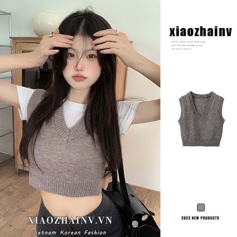 Xiaozhainv Áo crop top Dệt Kim Cổ Chữ V Phong Cách Hàn Quốc Có 3 Màu Lựa Chọn