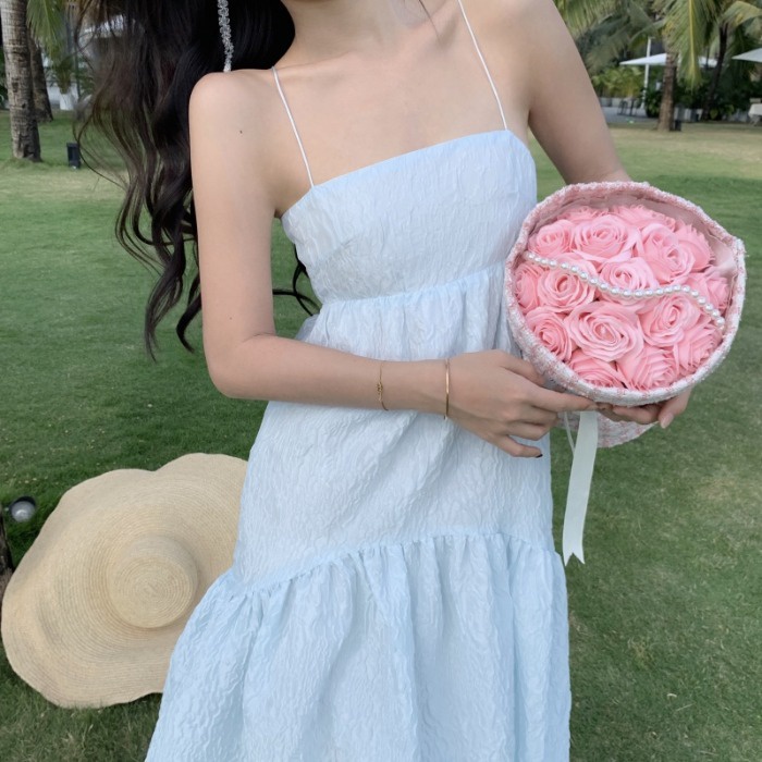JaneQ Đầm đi biển hở lưng chéo dây gợi cảm Xanh trời Pastel ảnh thật cuối