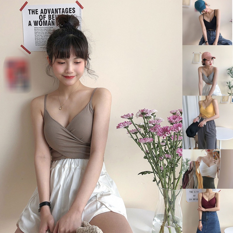 Brroa Áo Croptop Dệt Kim Ôm Dáng Không Gọng Cổ Chữ V Màu Trơn Có Đệm Ngực Gợi Cảm Cho Nữ