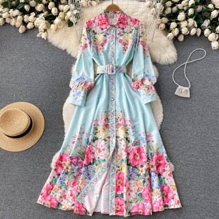 Đầm Dáng Rộng Cài Một Hàng Nút Cài Tay Phồng In Họa Tiết Kiểu Retro Thời Trang Xuân Hè 2023