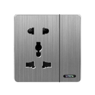 Bộ ổ cắm 5 chấu đa năng và công tắc đơn 1 chiều mặt vuông tràn viền màu ghi xám Uten S300
