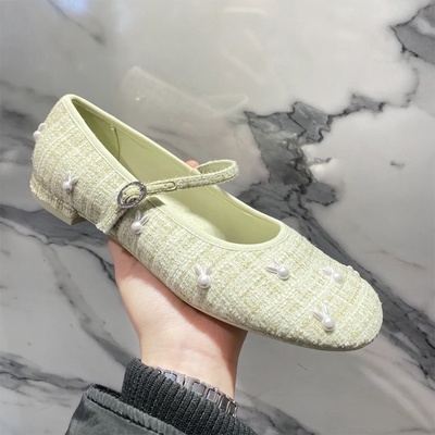 Giày bệt tweed CK đính nơ thỏ cute quai ngang búp bê- ORD