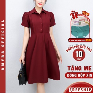 Đầm trung niên dáng xòe AMYRA thiết kế cổ vest tay phồng form suông dáng xòe che khuyến điểm vòng eo U33,U40 DA007