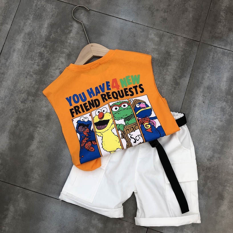 Bộ Áo Thun Cotton Ngắn Tay + Quần Short In Họa Tiết Hoạt Hình Phong Cách Hàn Quốc Thời Trang Mùa Hè Cho Bé Trai