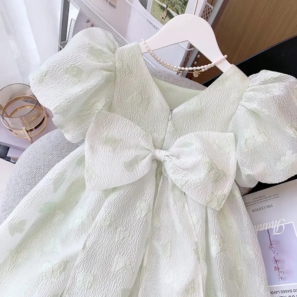 Đầm Công Chúa Tay Phồng Đính Nơ Thời Trang Cho Bé Gái 0-9 Tuổi