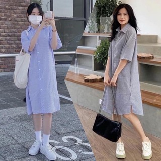 Váy sơ mi kẻ sọc dáng A xẻ tà hai bên tôn dáng
