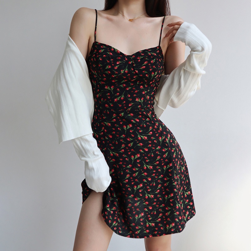 Đầm Hai Dây Dáng Chữ A In Họa Tiết Hoa Thời Trang Xinh Xắn Cho Nữ