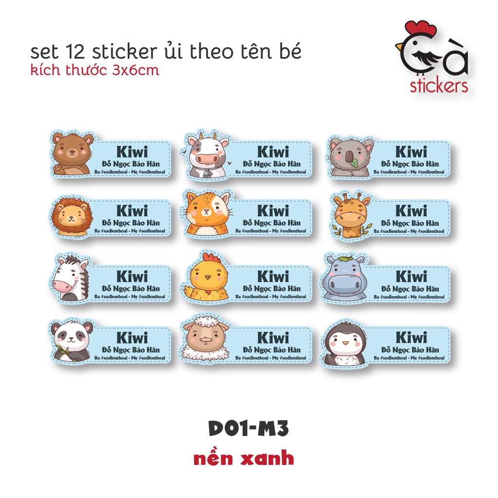 Sticker ủi áo in tên trẻ em GaStickers UT-D01- bộ 12 miếng kích thước 3 x 6 cm