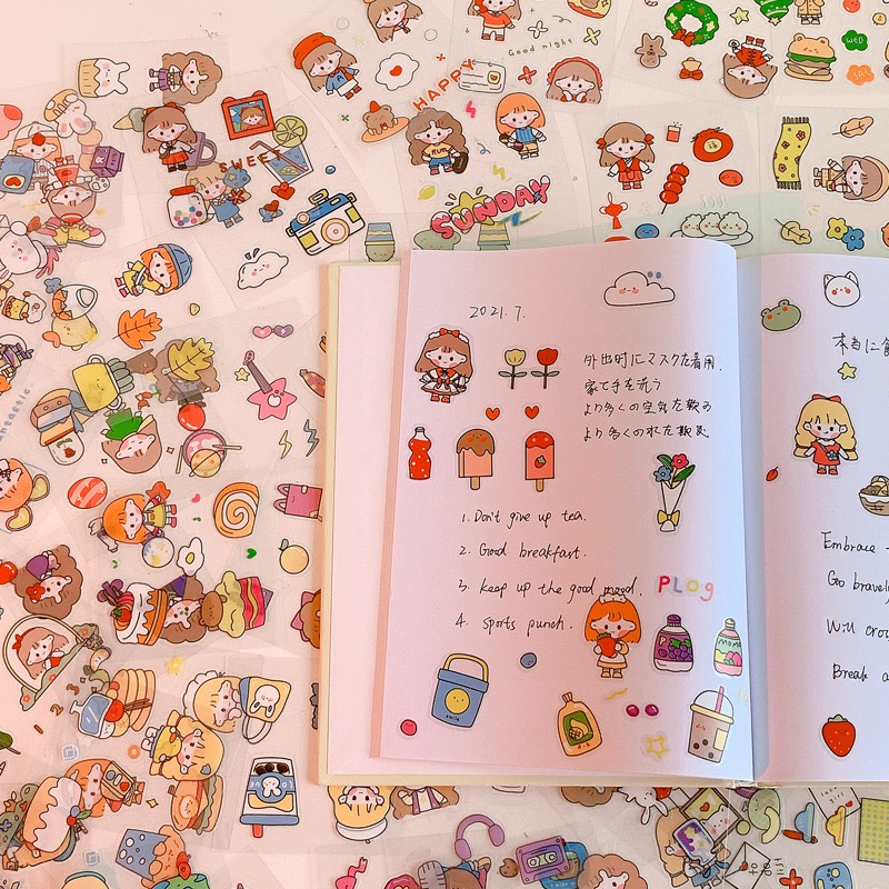 Set 25 tấm sticker cute dán trang trí tập vở, bình nước, họa tiết hoạt hình trong suốt - Vpp Giá sỉ