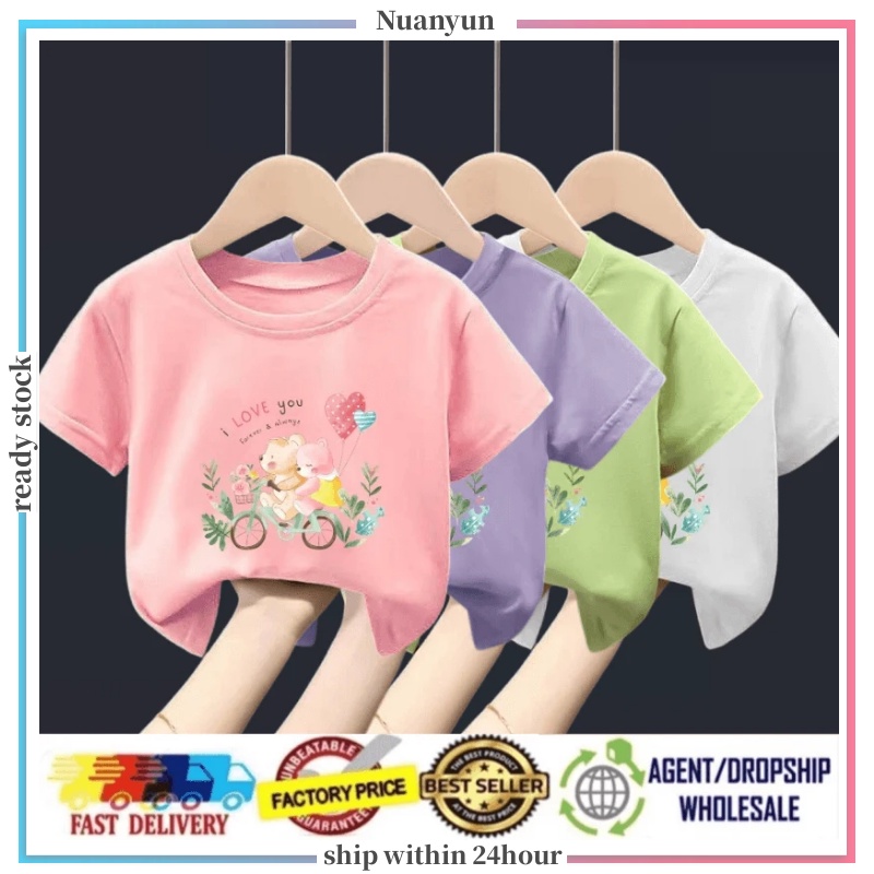 3-12Y Cute Bear Cartoon Print Girls Top Soft Short Sleeve Kids T-shirt Round Neck All-match casual girls T-shirt
