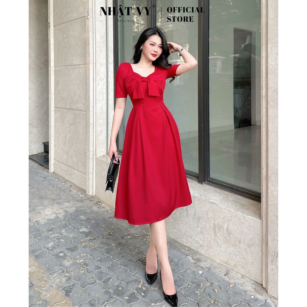 Đầm dự tiệc Nhật Vy tay ngắn cổ vuông phối nơ thắt ngực chất cotton phù hợp đi chơi , công sở sang trọng - D2451