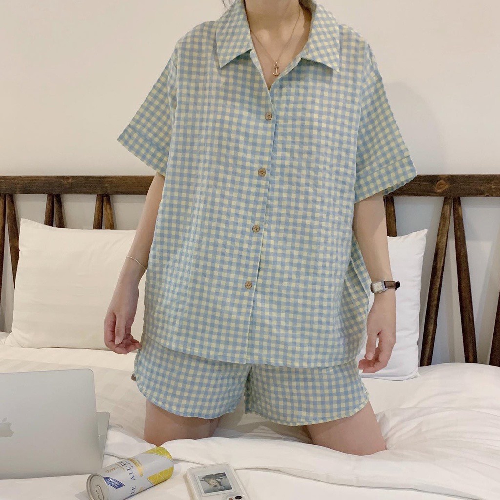 Bộ Đồ Ngủ Nữ Pijama Mặc Nhà Cộc Tay Cổ Bẻ Sơ Mi Họa Tiết Kẻ Caro Chất Vải Đũi Mềm Mịn Thoáng Mát, Bộ Đồ Ngủ Nữ Mùa Hè