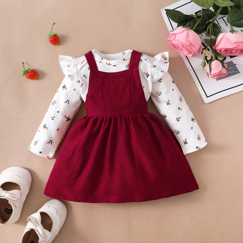 Bộ Váy Cho Bé Mikroo Baju Cho Bé Gái 0-24 Tháng 2PICS Cotton-Polyester Phối Vải In Hoa Body + Đầm Công Chúa Màu Đỏ Trơn Mặc Thường Ngày