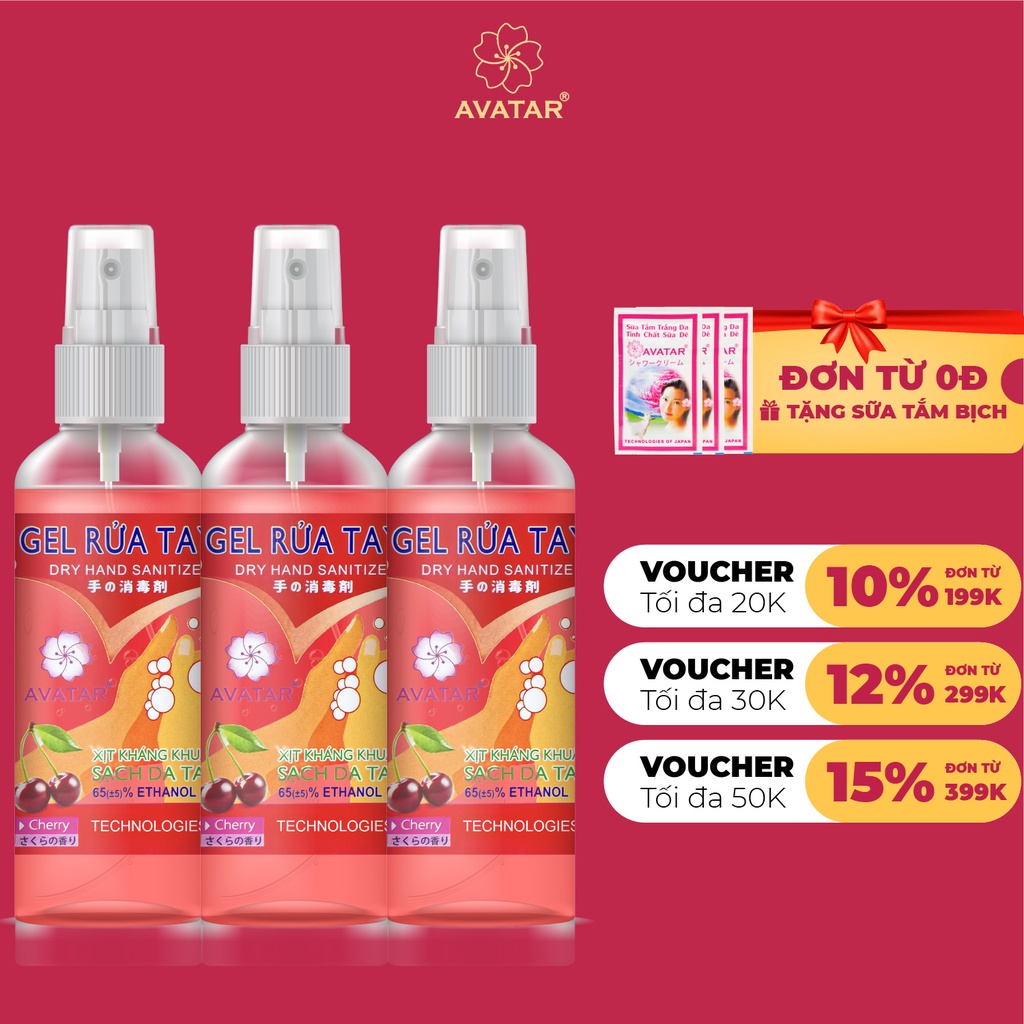 Set 3 Chai Xịt Rửa Tay Hương Cherry Diệt Khuẩn Vượt Trội, X3 Dưỡng Ẩm Không Gây Khô Da AVATAR 100ml
