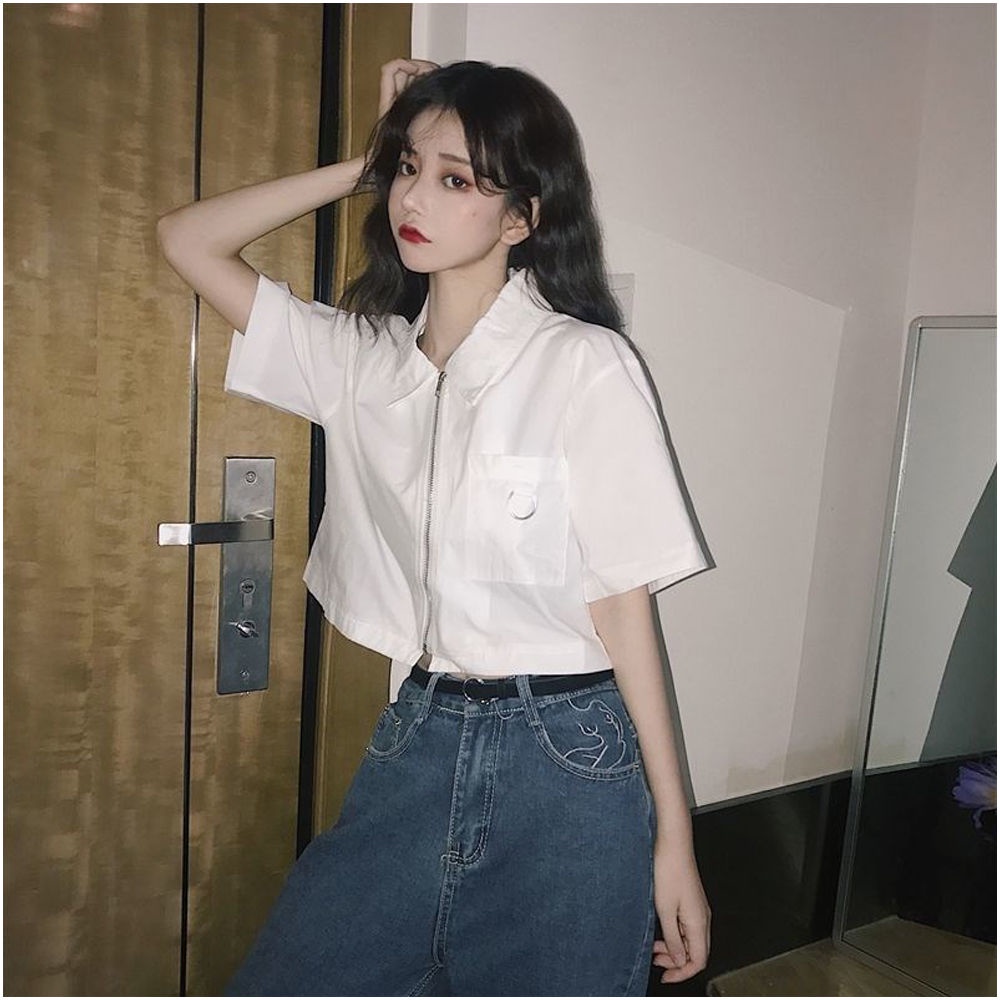 Áo sơ mi COZOK ngắn tay có khóa kéo thời trang mùa hè cho nữ