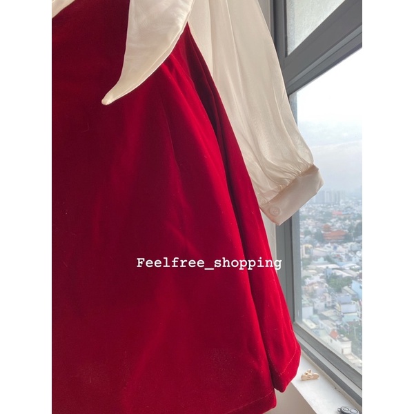 Đầm Đỏ Dáng Ngắn Tay dài Trễ Vai Cổ Thắt Nơ Mặc Đi Tiệc Đi Chơi (Hình Thật)