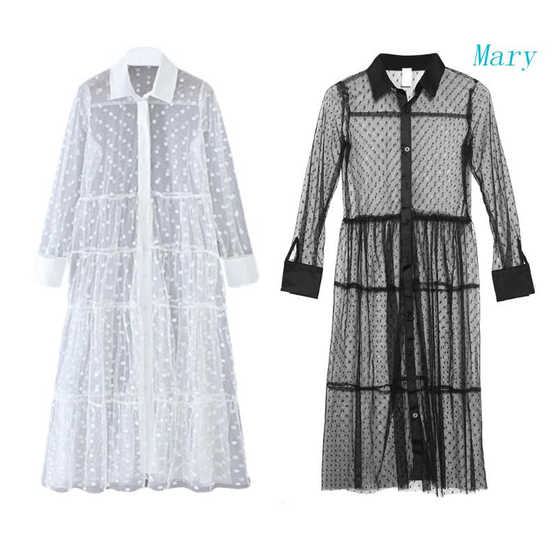 Đầm Maxi Dài Vải Lưới Xuyên Thấu Cài Nút Xuống Cổ Bẻ In Chấm Bi Thời Trang Mùa Hè Cho Nữ