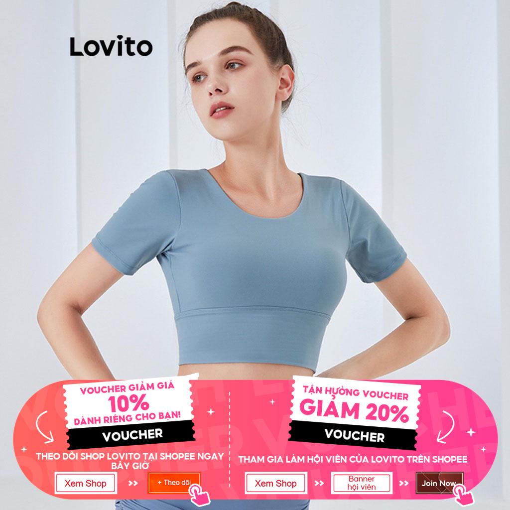 Áo lót thể thao Lovito dáng ôm màu trơn không gọng bao phủ 3/4 ngực dây chéo thoáng khí L04007 (xanh dương）