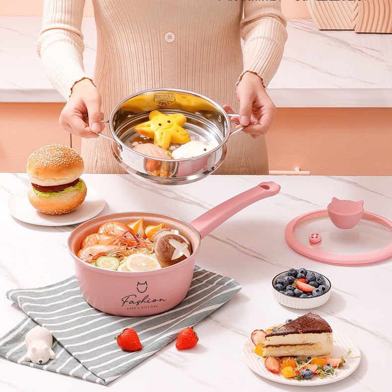 BỘ NỒI  ĐÁ CHỐNG DÍNH FASHION PHONG CÁCH HÀN QUỐC CAO CẤP KÈM XỬNG HẤP INOX AN TOÀN NẤU ĐỒ ĂN DẶM CHO BÉ ĐƯỜNG KÍNH 20CM