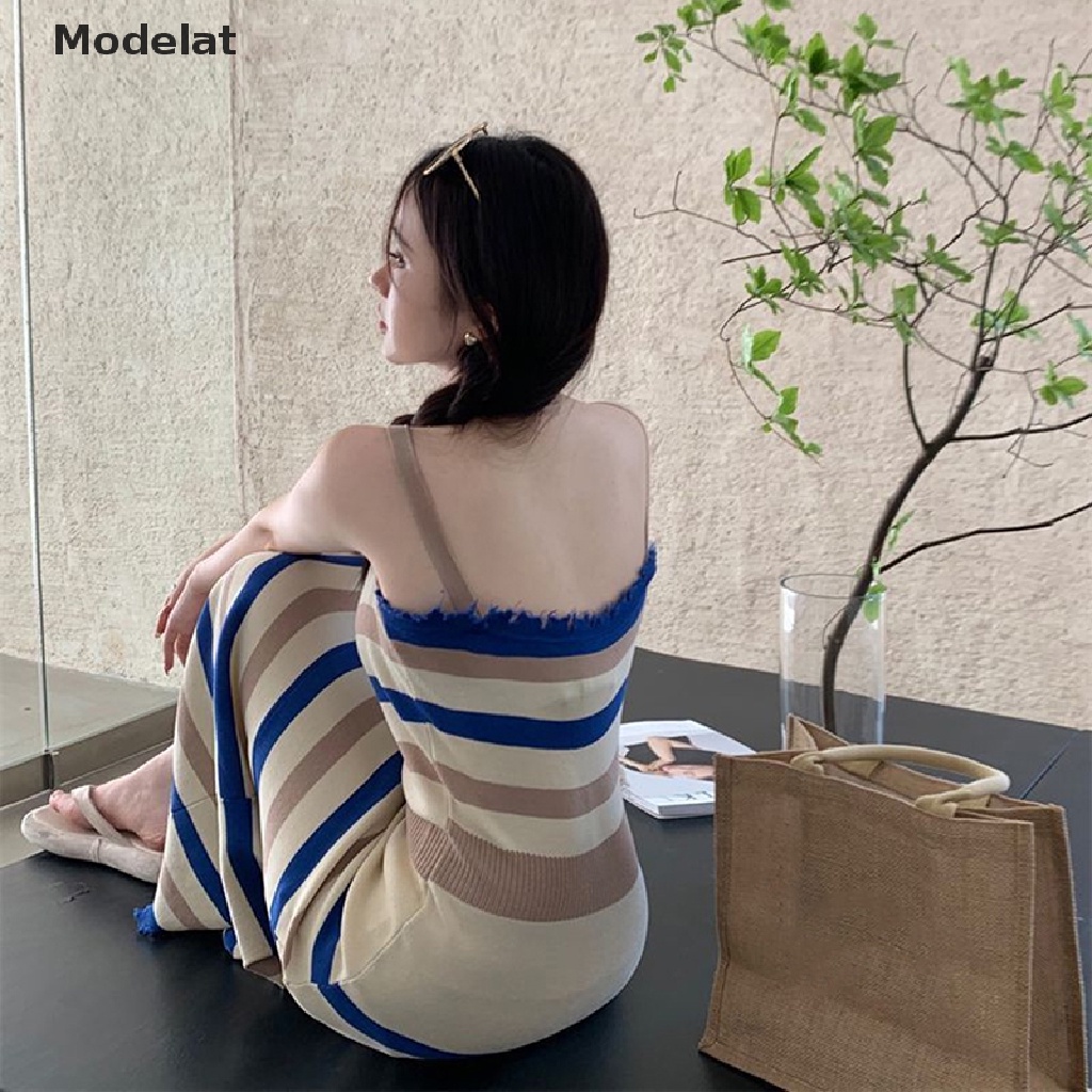 Mfc Đầm Dài Dệt Kim Không Tay Dáng Ôm Họa Tiết Kẻ Sọc Phong Cách Hàn Quốc Dành Cho Nữ