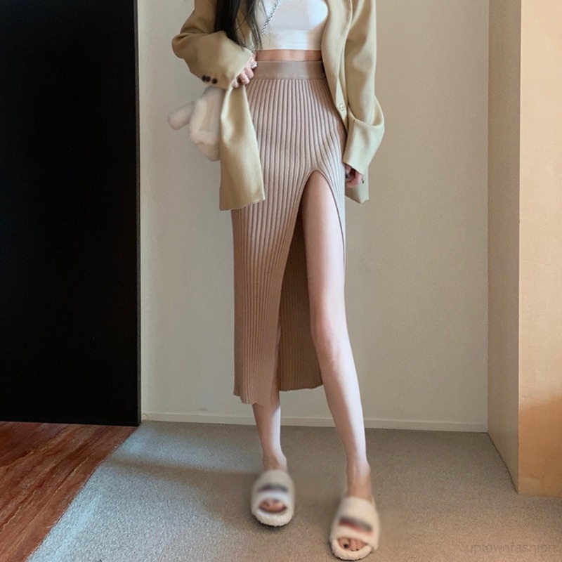 Chân Váy Dệt Kim Mỏng Lưng Cao Xẻ Tà Quyến Rũ Cho Nữ