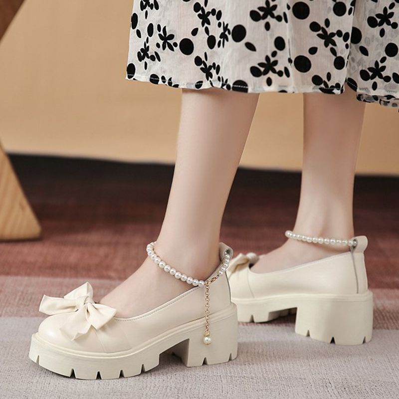 Giày Da Nữ Nơ Đế Dày Ngọc Trai Mary Jane