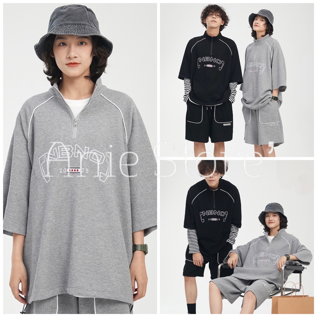 Bộ Áo Thun Cổ Khóa NBNO Quần Short Phối Viền 🦋 Set Áo Phông Tay Lỡ Kèm Quần Ống Rộng 2 Màu 🦋
