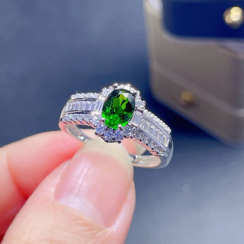 Nhẫn Bạc Đính Đá Zircon Hình Oval Màu Xanh Lá Cây Điều Chỉnh Được Thời Trang Cho Nữ