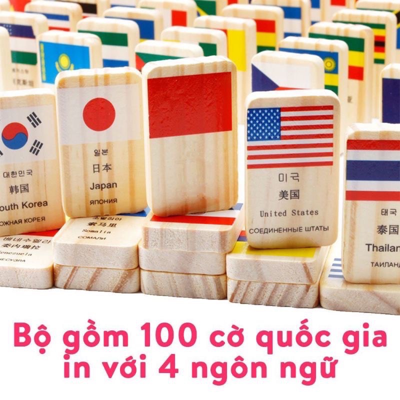 Đồ chơi cho bé bằng gỗ bao gồm 100 quân Domino với tên và hình lá cờ của một trăm quốc gia trên thế giới.