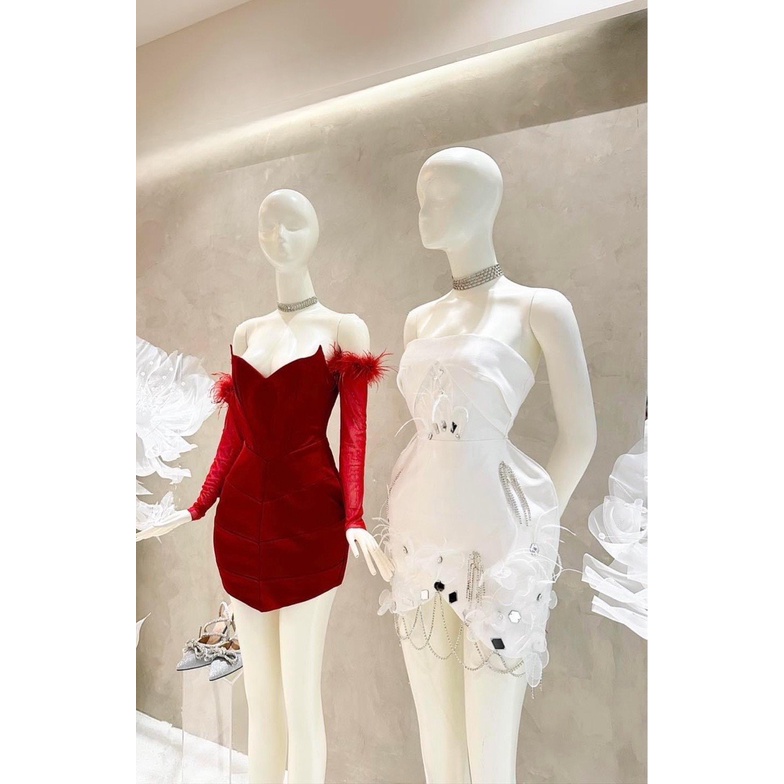 ĐẦM ĐEN CÚP NGỰC PHỒNG HÔNG ĐÍNH LÔNG VŨ + ĐÁ SBHN