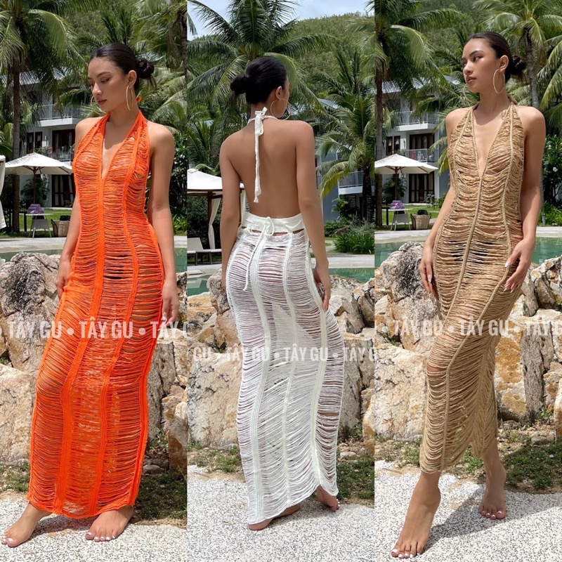 Đầm len móc vân ngang xuyên thấu phối bikini đi biển - Tây Gu - DT373