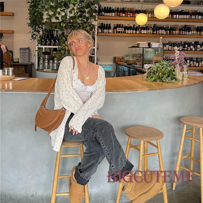 Áo Cardigan Dệt Kim Y2K Tay Dài Có Nút In Hoa Dễ Thương Cho Nữ